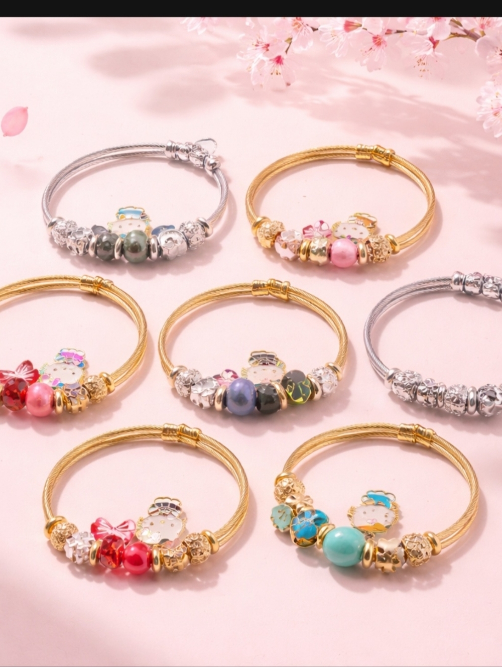Children's Jewelry- Yellow Gold Flled Pink FloralCharmBangle-Each Bangle Cost$15 - Picture 4 of 6